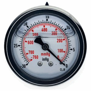 VACUÔMETRO VISOR 63mm ESCALA 0-760mmhg  ROSCA 1/4 HORIZONTAL NPT